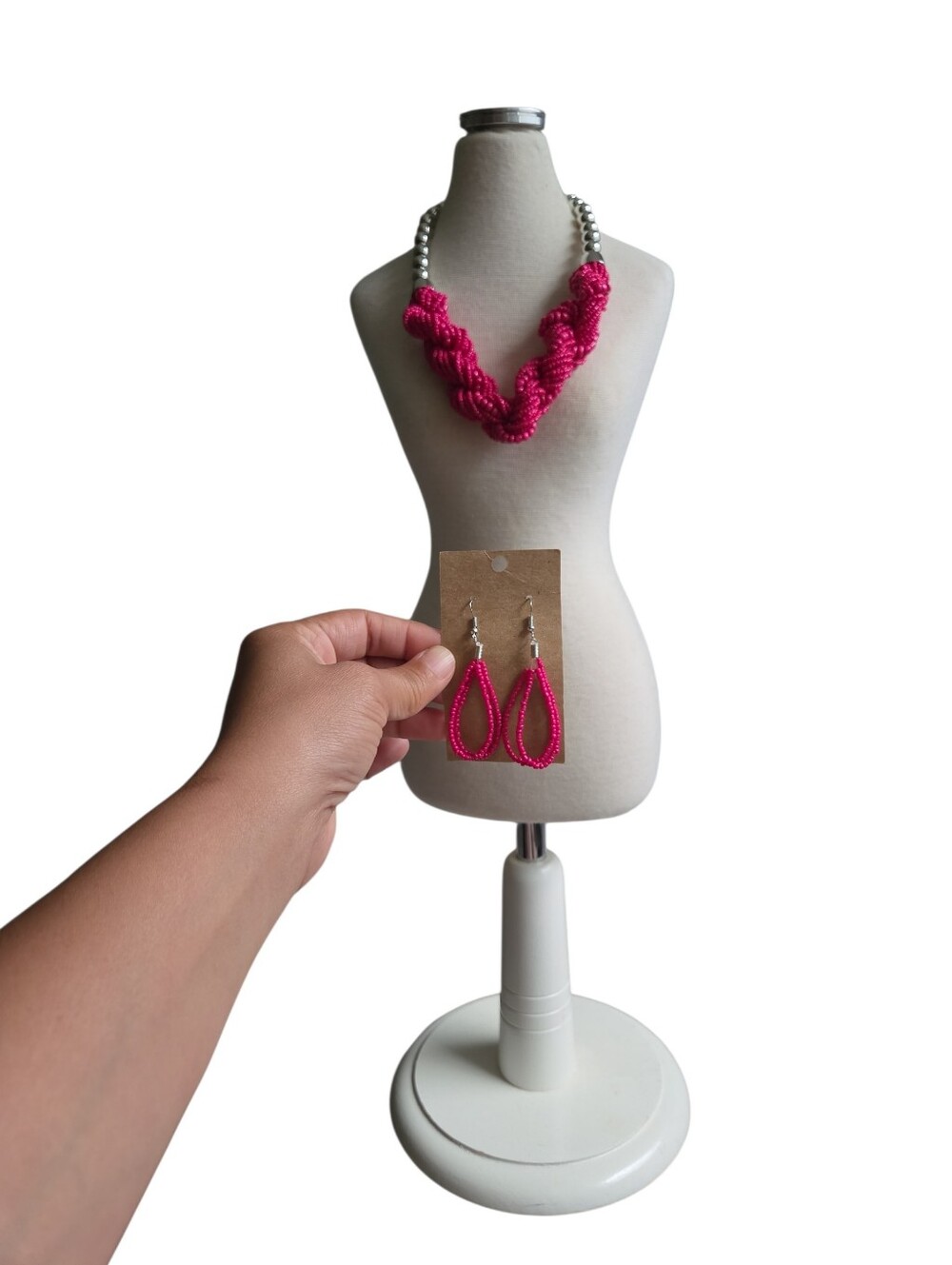 Silver Toned Vibrant Pink Braided Bead Necklace & Earrings Set